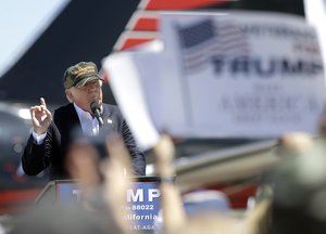 Donald Trump, the presumptive Republican presidential nominee speaks at a campaign rally at the Redding Municipal Airport Friday, June 3, 2016, in Redding, Calif.