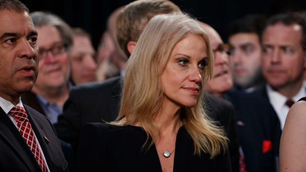 Kellyanne Conway, campaign manager for Republican presidential candidate Donald Trump, watches Trump speak during a ...