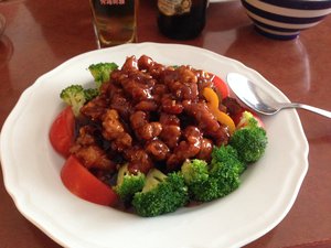 General Tso's chicken: is a sweet, slightly spicy, deep-fried chicken dish that is served in North American Chinese restaurants