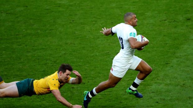 Jonathan Joseph scores his side's first try against the Wallabies.