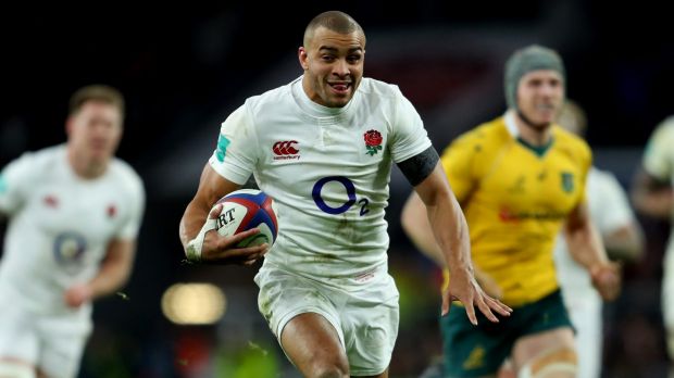 Jonathan Joseph breaks through to score his team's fourth try.