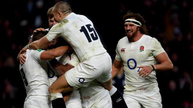 Ben Youngs celebrates with his teammates.