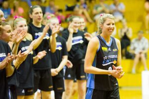 Carly Wilson celebrates her 350th game, Canberra Capitals vs Melbourne Boomers at Southern Cross Stadium. Photo Jay Cronan