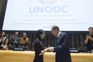 File - Nobel Peace Prize nominee Nadia Murad Basee Taha, who survived trafficking at the hands of ISIL, was appointed as UNODC (UN Office on Drugs and Crime) Goodwill Ambassador for the Dignity of Survivors of Human Trafficking, at a ceremony held at UN headquarters.