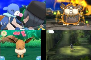 Clockwise from top left: Meeting new water Pokemon Popplio; a powerful Totem version of Alolan Raticate; exploring a ...