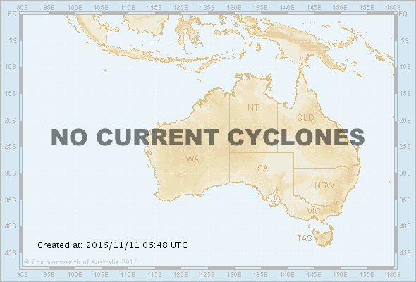 Map of Australian region showing the location of any current active tropical cyclones