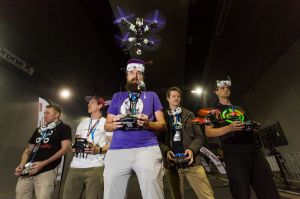Drone racing competitors (L-R) Lance Woolf, Chris Patchell, Jamie Frederick, Michael Webb and Justin Power at DroneX, ...
