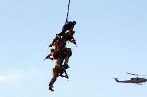 Soldiers from the Belgian Special Forces are extracted by one helicopter as another hovers overhead during an European ...