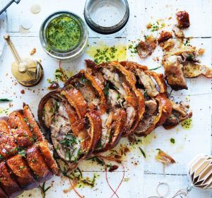 Ben Milgate and Elvis Abrahanowicz's Christmas centrepiece: Porchetta, served with chimichurri (top).