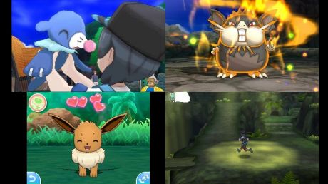 Clockwise from top left: Meeting new water Pokemon Popplio; a powerful Totem version of Alolan Raticate; exploring a ...