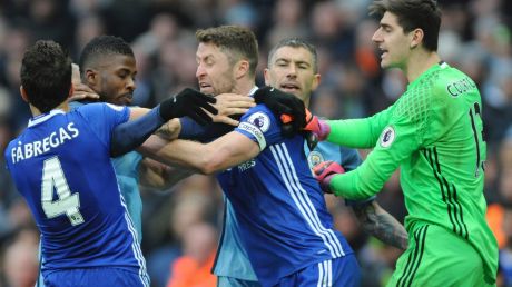 Players clash after Sergio Aguero's tackle on David Luiz.