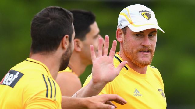 Kid gloves needed: Jarryd Roughead at training on Monday.