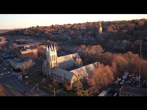 Boston Skyline From Newton MA at Sunset, Drone Footage (full flight)