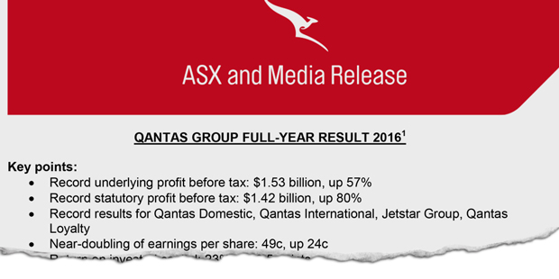 Qantas media release about FY16 results.