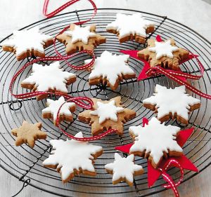 Iced gingerbread biscuits.