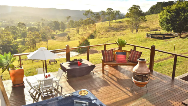 The view from a villa on 10 acres in the Gold Coast hinterland that is listed on Airbnb.