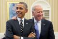 President Barack Obama jokes Vice President Joe Biden in the Oval Office on February 9, 2015.