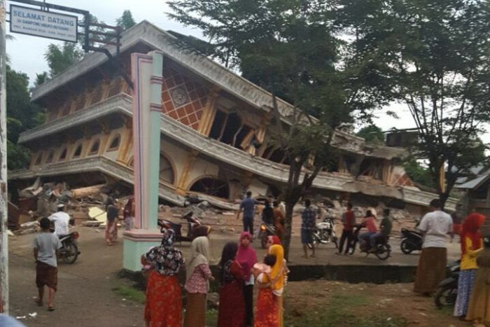 Collapsed building in Indonesia after earthquake. December 7, 2016. 