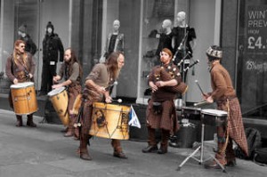 A different drum: Clanadonia, an updated Scottish traditional band, busks in Buchanan Street. Photo: Alamy