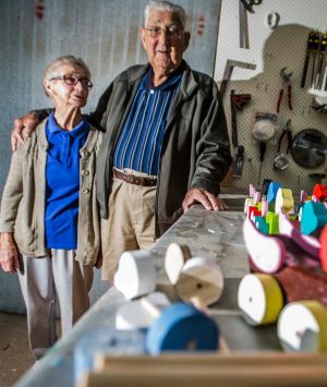 Kambah couple Beryl and John Fillery make sturdy wooden toys for children and give them away at Christmas time. Photo by ...