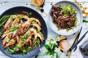 BBQ king prawns with black pepper sauce.