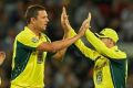 Josh Hazlewood celebrates as Australia seize the Chappell/Hadlee trophy.