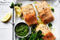 Roast salmon with macadamia and rocket pesto.