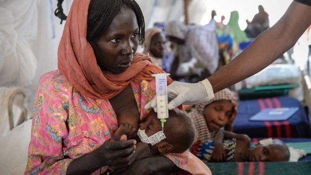 Eleven-month-old Abdul has been admitted to Gwange's therapeutic feeding centre. His family fled to Mafa. He is looked ...