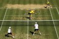 SYDNEY, AUSTRALIA - SEPTEMBER 17: Sam Groth of Australia volleys playing with John Peers in the doubles match against ...