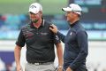 Over and out: Adam Scott and Marc Leishman on the 18th hold at Kingston Heath.