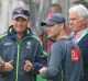 Michael Clarke talks to Australian chairman of selectors John Inverarity (right), Australian coach Mickey Arthur ...