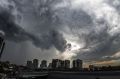 Storm clouds mass over Burwood on Monday.