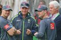 Michael Clarke talks to Australian chairman of selectors John Inverarity (right), Australian coach Mickey Arthur ...