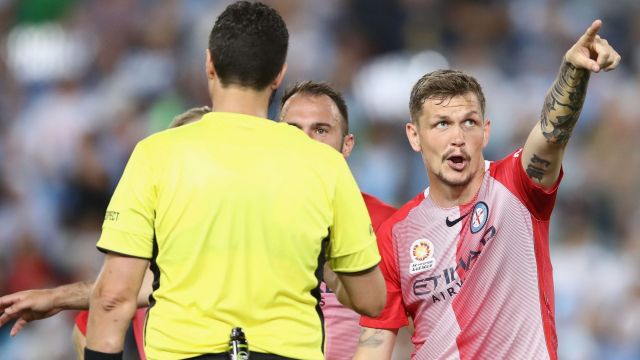 Michael Jakobsen of Melbourne City makes his point to referee Kris Griffith-Jones.