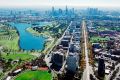 An aerial shot of Melbourne boulevard St Kilda Road. 