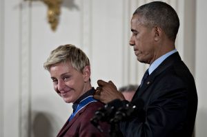 Ellen DeGeneres, comedian and television personality, receives the Presidential Medal of Freedom from U.S. President ...