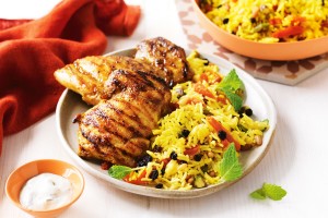 Barbecue chicken with Persian rice salad