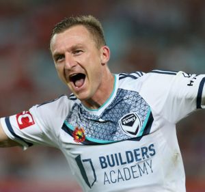 Melbourne Victory's Besart Berisha celebrates scoring one of three goals during the match between Western Sydney ...