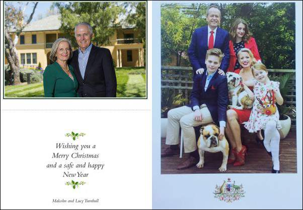 Left: Straight-laced ... Malcolm and Lucy Turnbull. Right: Family affair ...Bill Shorten and family's Christmas card.