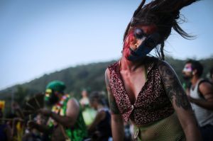 RIO DE JANEIRO, BRAZIL - NOVEMBER 27: Performers dance during the 2016 Honk! Rio Festival, a celebration of brass bands, ...