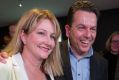 Nick Xenophon celebrates with Rebekha Sharkie on Saturday night. 