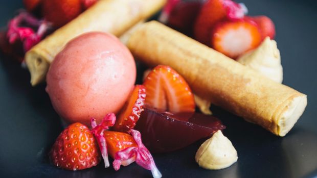 Pop of colour: Caramelised white chocolate, brik pastry and strawberry sorbet.