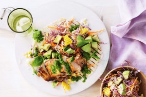 Cuban mojo pork with avocado and corn slaw