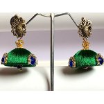 Silk Thread Jhumki Earrings - Green with Peacock Studs.