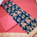 Blue Floral Chanderi Dress Material With Dupatta