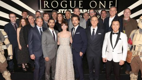 (L-R front row)  Actors Mads Mikkelsen, Riz Ahmed, Felicity Jones, Diego Luna, Alan Tudyk and Donnie Yen (back row) ...