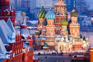 St.Basil Cathedral at Red Square in Moscow from top of the Ritz-Carlton hotel.