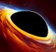 An artist's impression depicts a rapidly spinning supermassive black hole surrounded by an accretion disc.