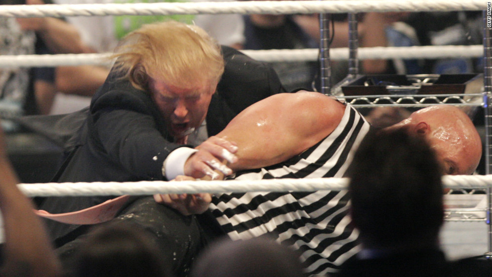 Trump wrestles with &quot;Stone Cold&quot; Steve Austin at WrestleMania in 2007. Trump has close ties with the WWE and its CEO, Vince McMahon.