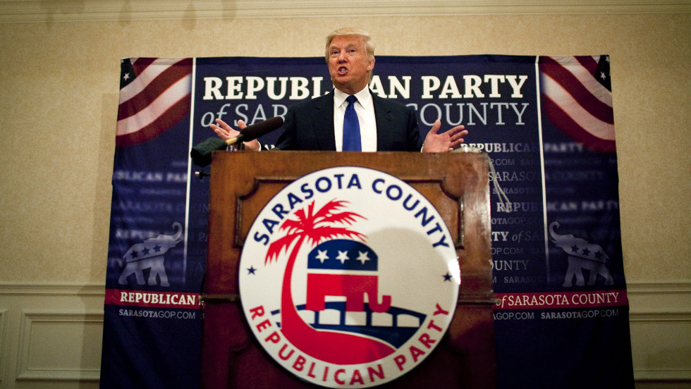 Trump speaks in Sarasota, Florida, after accepting the Statesman of the Year Award at the Sarasota GOP dinner in August 2012. It was shortly before the Republican National Convention in nearby Tampa.